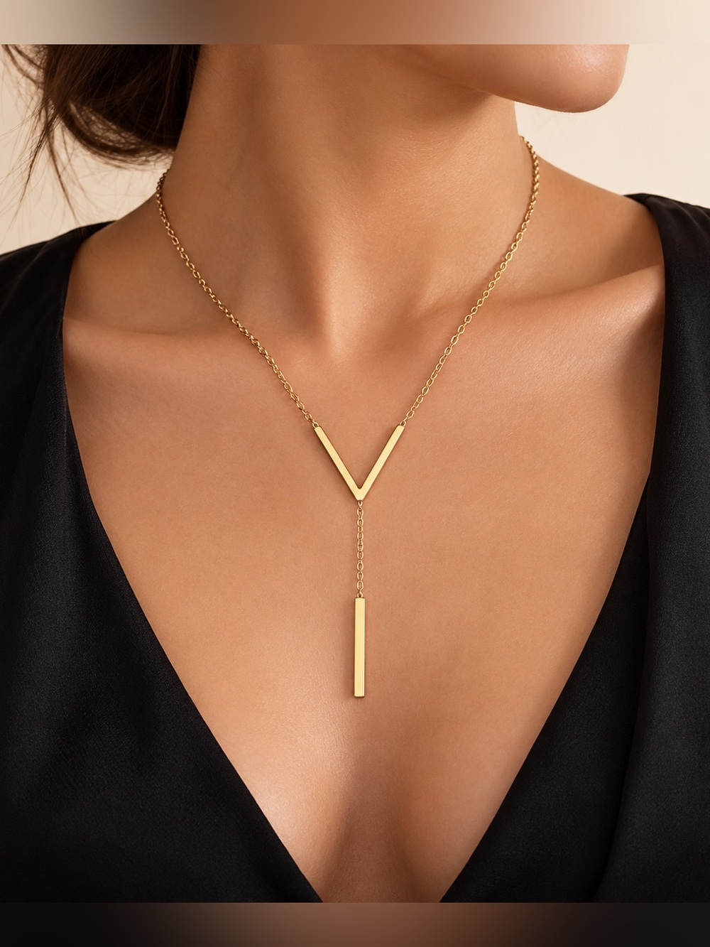 Gold Tone V Pendant Y Necklace – Stainless Steel